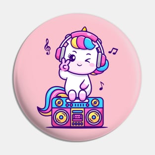 Cute Unicorn Listening Music On Boombox Cartoon Pin