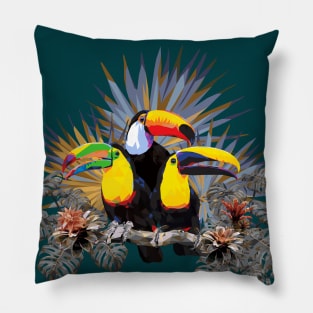 Polygonal art of toucan birds and Amazon rain forest plants. Pillow