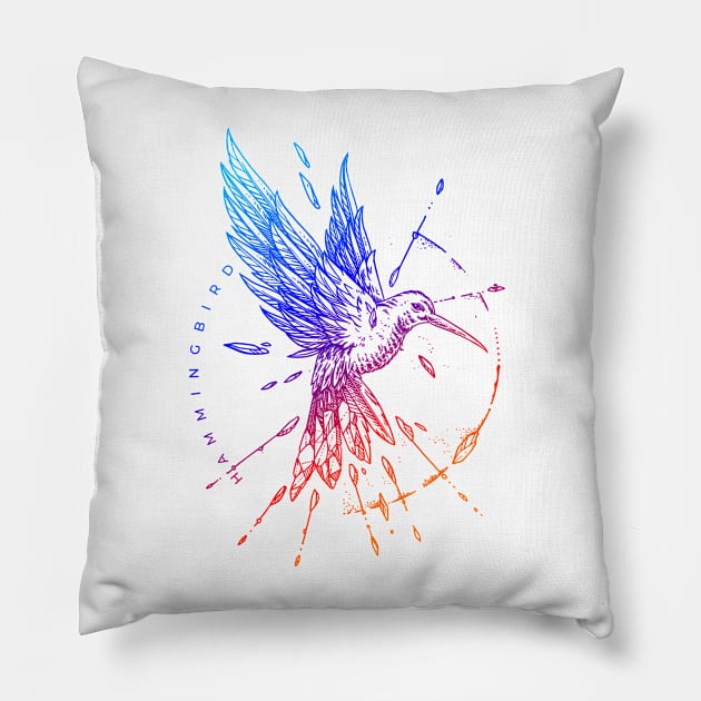 Geometric Hand Drawn Hummingbird Pillow by Aksa Inov