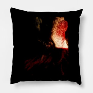 Portrait, digital collage, special processing. Vampire. Monster is looking on you, blood splatters. Orange and red, dim. Pillow