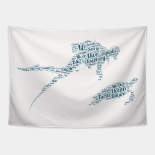 Diver Sea and Turtle Silhouette Shape Text Word Cloud Tapestry