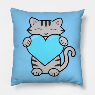 Grey cat holding a blue heart Pillow