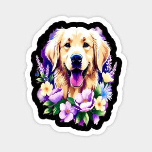 Cute Golden Retriever Surrounded by Beautiful Flowers Magnet