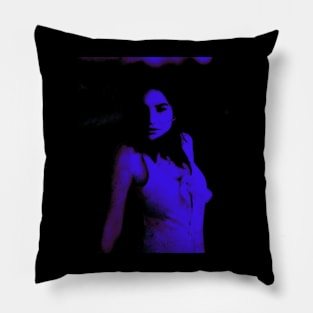 Portrait, digital collage, special processing. Disturbed woman, looking on us. Beautiful. Blue and violet. Pillow