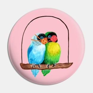 Lovebirds Wearing Face Masks Watercolor Pin