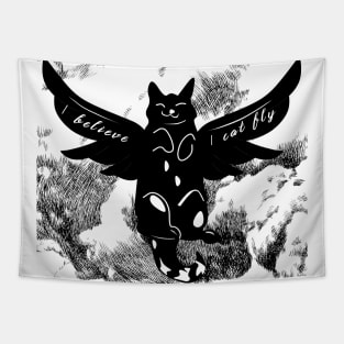 I believe I cat fly - Black flying cat Tapestry