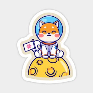 Cute Shiba Inu Dog Astronaut Sitting On Moon Cartoon Magnet