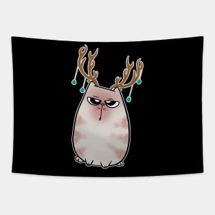 Angry Christmas Cat Reindeer Antlers Tapestry