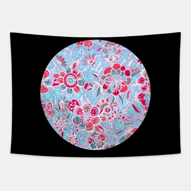 Sweet Spring Floral - cherry red & bright aqua Tapestry by micklyn