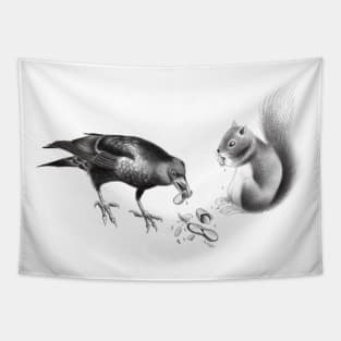 Crow and Squirrel Eating Peanuts Tapestry