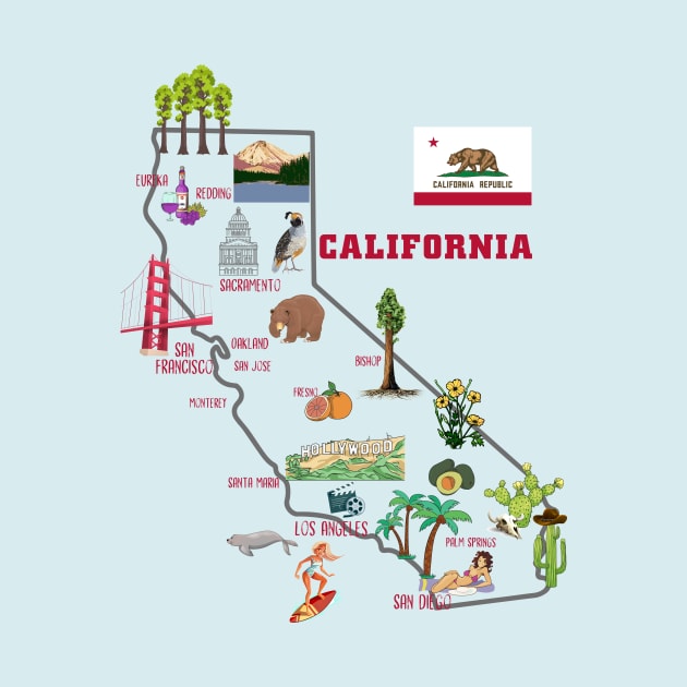 california tourist map with landmarks and famous symbols, USA, United states by Mashmosh