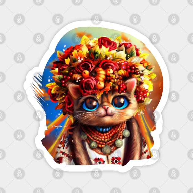 Cute autumn cat in ukrainian clothes Magnet by Marysha_art