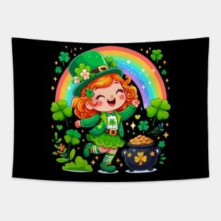 A cute Irish Lassie dancing an Irish jig celebrates St Patrick's Day with a rainbow a pot of gold and shamrocks Irish Pride Irish American four leaf clovers Tapestry