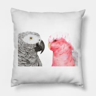 African gray and pink cockatoo in watercolor Pillow