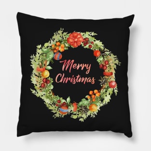 Merry Christmas Wreath Watercolor Pillow