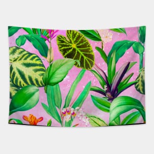 Stylish Tropical floral leaves and foliage botanical illustration, botanical pattern, tropical plants, pink leaves pattern over a Tapestry