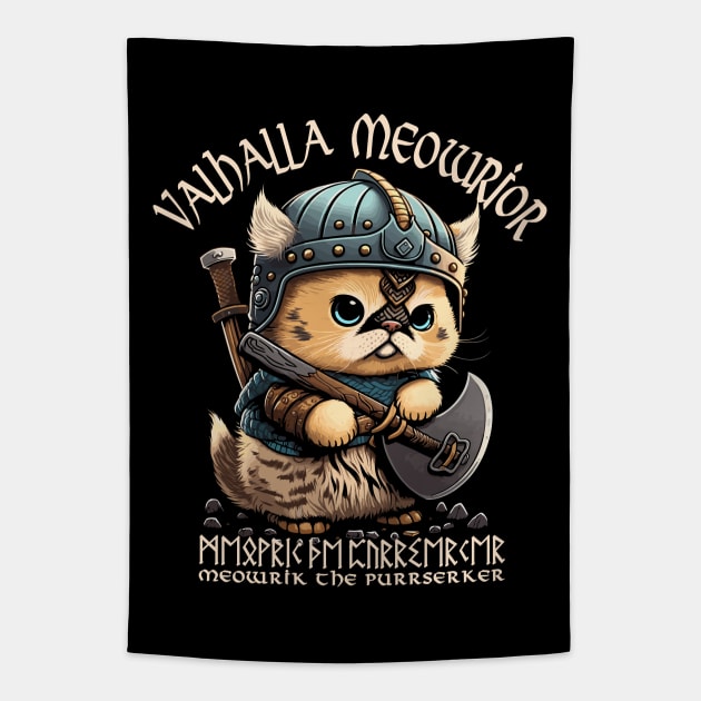 Nordic Norse Valhalla Viking Cat Warrior Tapestry by Apocatnipse Meow