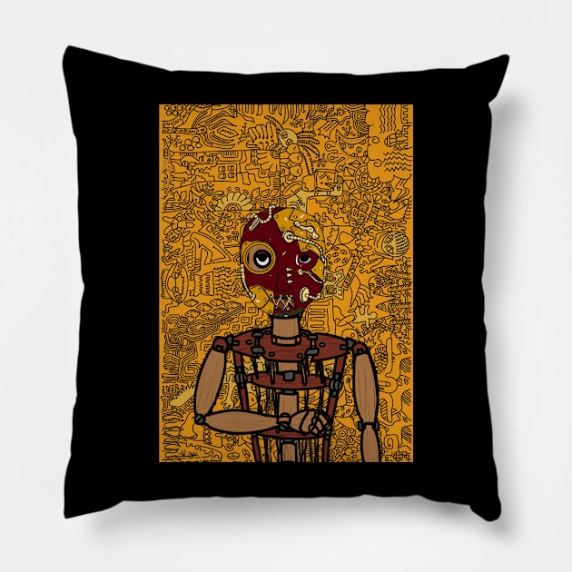 Real Boy - A Steampunk PuppetMask NFT with Painted Eyes and Wood Accents Pillow by Hashed Art