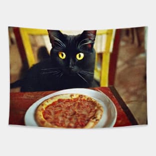 Black Cat Eating Pizza Tapestry