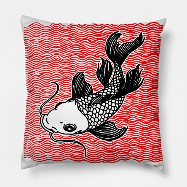 Koi Fish Great Wave Tattoo V2 Red Blk Pillow by ebayson74@gmail.com