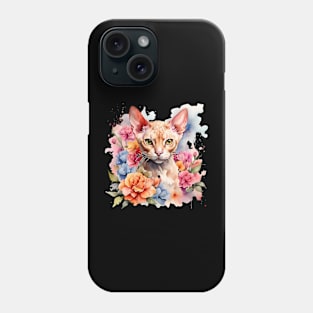 A devon rex cat decorated with beautiful watercolor flowers Phone Case