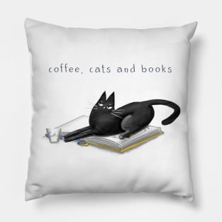 Cartoon black cat on a book and the inscription "Books, cats and coffee". Pillow