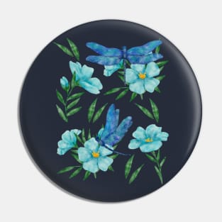 Elegant blue watercolor dragonflies and flowers Pin