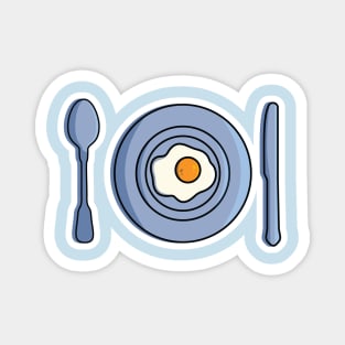 Fried Egg in Plate with Spoon and Knife vector illustration. Breakfast food icon concept. Plate, Spoon and Knife up view on blue background vector design. Magnet