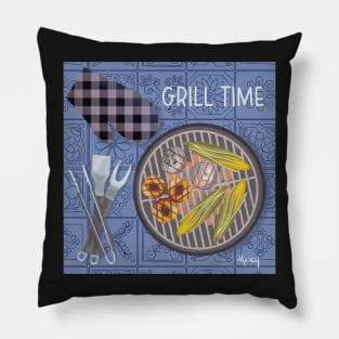 Grill Time on Blue Background Pillow