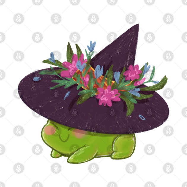 Witchy frog wearing pointy witch hat with flowers by Itsacuteart