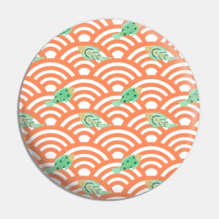 Green fishes in orange seigaiha waves Pin