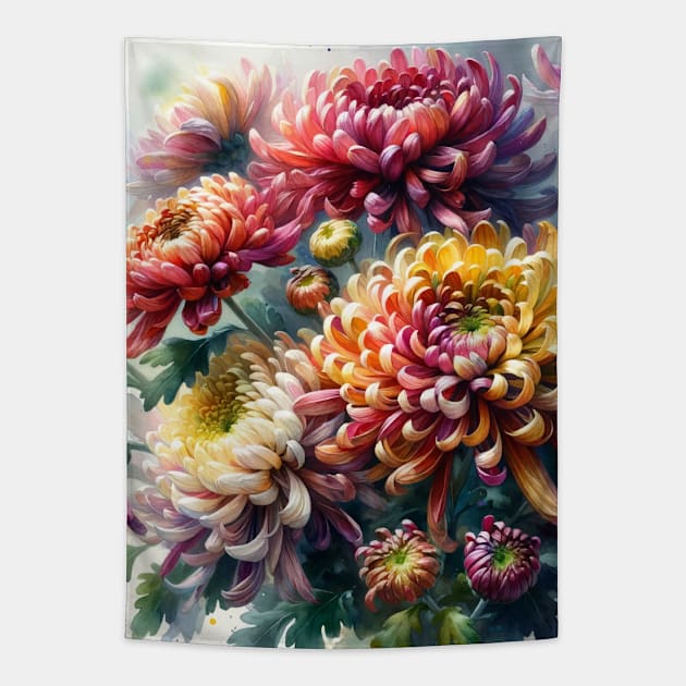 Vibrant Mums Chrysanthemums Decor - Watercolor Flower Tapestry by Aquarelle Impressions