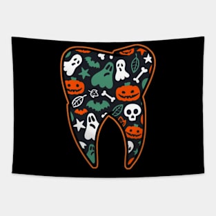 Womens Halloween Spooky Dentist tooth with pumpkin ghost spider web Tapestry