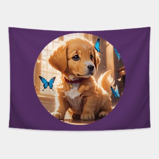 Cute Golden Retriever Puppy Playing With Butterflies Tapestry