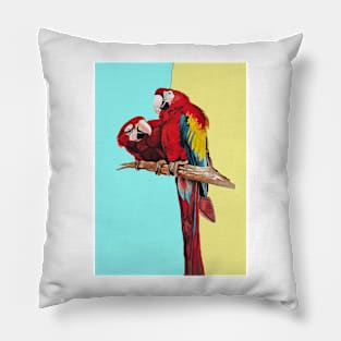 Macaw Parrot Watercolor Painting on Aqua and Yellow Pillow