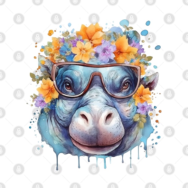 Watercolor Floral Hippo by Chromatic Fusion Studio