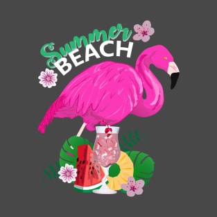 Summer beach with flamingos and drink's T-Shirt