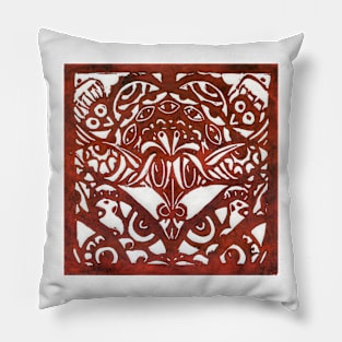 Watchers and Eyes Tangle Lino Cut Dark Red Monoprint Pillow