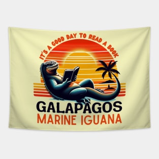 Galapagos marine iguana reading a book and enjoying summer Tapestry