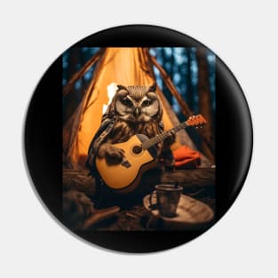 Cottagecore Aesthetic Owl Playing Guitar Camping Pin