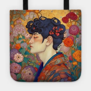 Asian Art Nouveau Man with Flowers Tote