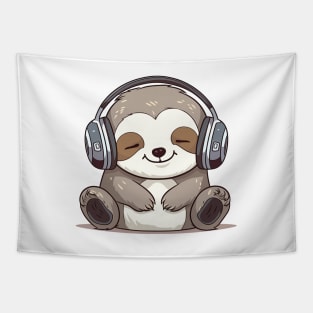 Sloth - Baby Sloth Kawaii Cute, Wearing Headphones, Enjoying The Music Tapestry