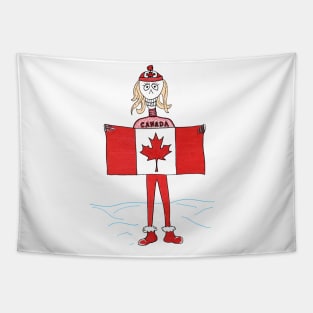 Skeleton Canadian Blonde Woman Holding Canada Flag in Snow Tapestry