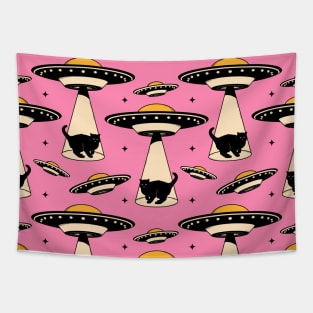 Aliens and Black Cat Pattern in pink Tapestry