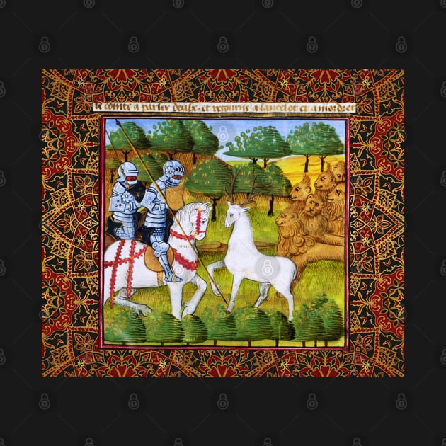 Lancelot and Mordred Crossing a White Stag Escorted by Lions,Arthurian Legends Medieval Miniature by BulganLumini