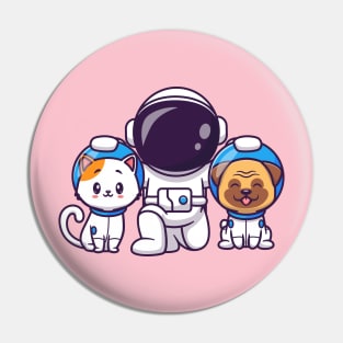 Cute Astronaut With Cat And Pug Dog Cartoon Pin