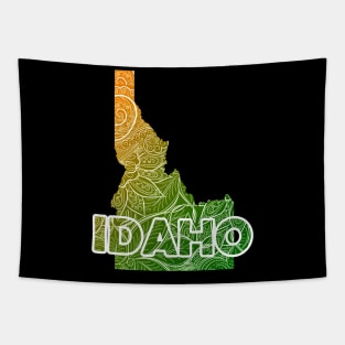 Colorful mandala art map of Idaho with text in green and orange Tapestry