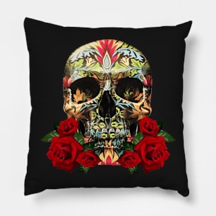 Colorful Day Of The Dead Sugar Skull Red Roses Pillow