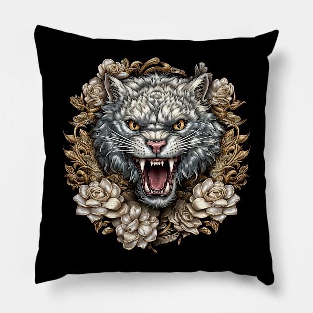 Hissing Cat Among Roses Pillow by MaxDeSanje 