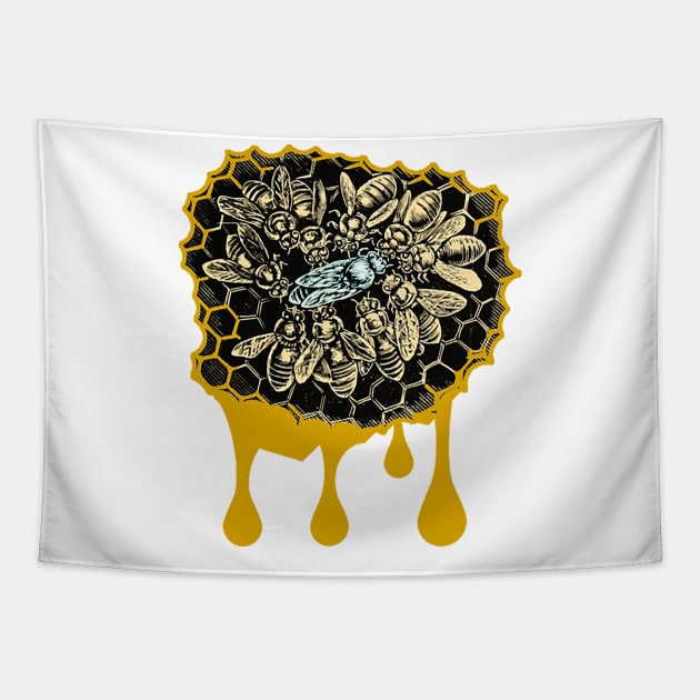 Queen bee on the dripping honeycomb beekeeper Tapestry by Marccelus